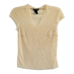 Bebe Light Yellow Semi Sheer Sequin Embellished Blouse  Size M/L